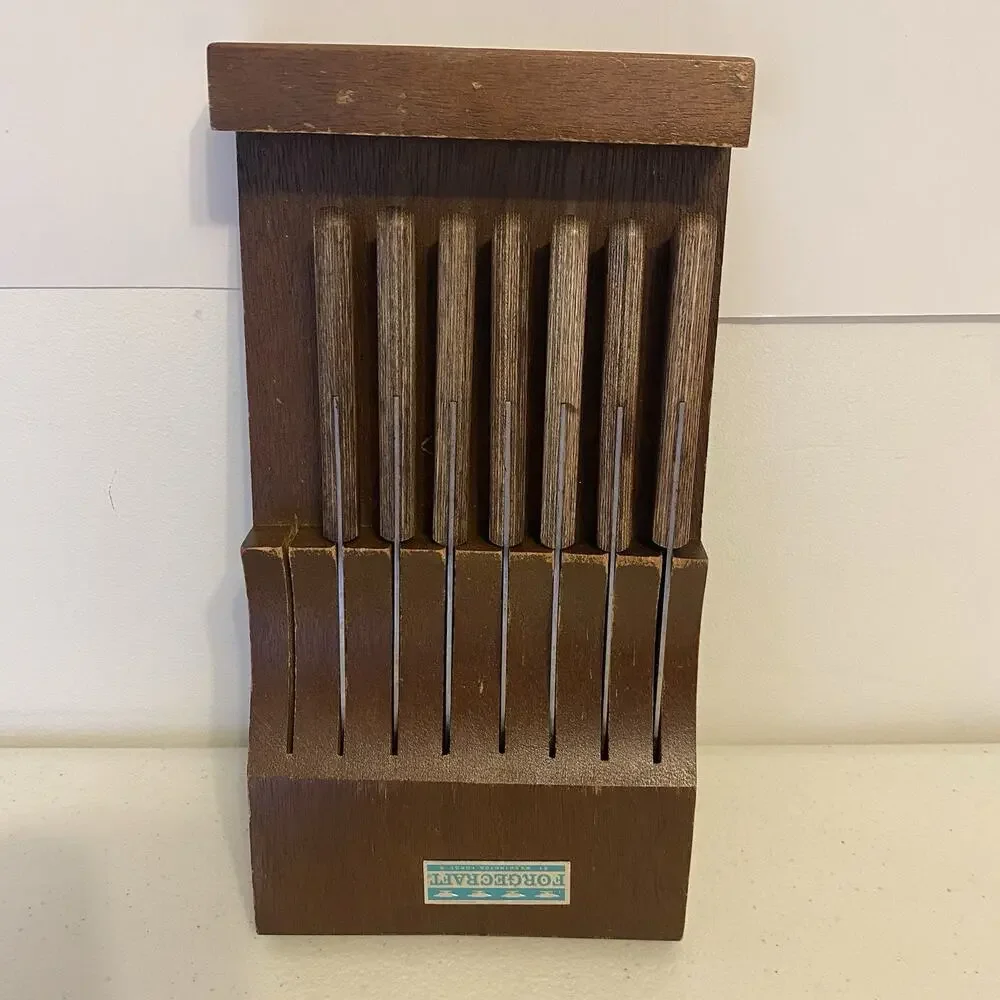Forgecraft Stainless Steak Knives Set Of 7 Brown Wooden Handles Easy Clean